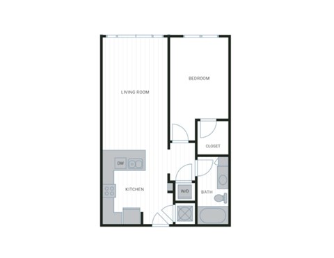 Floor plan for 1 bed, 1 bath, 845 sqft